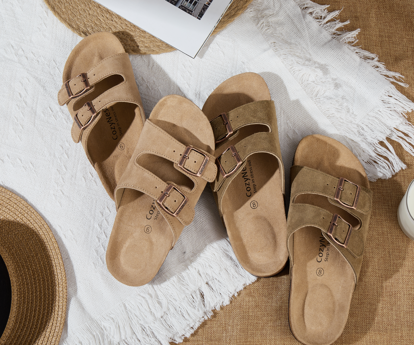 CozyNest Twin Buckle Suede Sandals